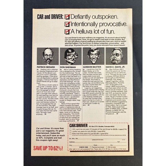 Car & Driver Magazine Subscription Page "Save 62%" Vintage Print Ad 1983 - Picture 3 of 3